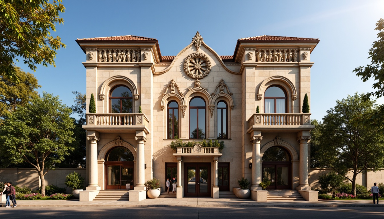 Prompt: Ornate cinema building, Romanesque facade design, intricately carved stone ornaments, grand entrance archways, ornamental columns, rounded windows, Terra cotta roofing, earthy tone color palette, lush greenery, vibrant flowers, sunny day, soft warm lighting, shallow depth of field, 3/4 composition, panoramic view, realistic textures, ambient occlusion, decorative cornices, sculpted gargoyles, grandiose staircases, lavish interior decorations.