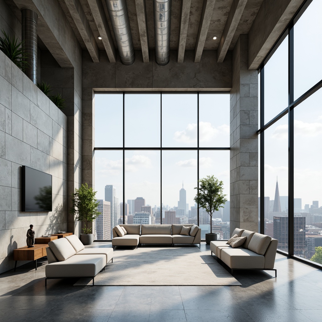 Prompt: Minimalist open-plan interior, sleek modern furniture, polished marble floors, floor-to-ceiling windows, sliding glass doors, abundant natural light, urban cityscape views, geometric-shaped columns, functional simplicity, minimal ornamentation, industrial materials, exposed ductwork, neutral color palette, high ceilings, spacious rooms, flexible layout, functional zones, ergonomic design, built-in shelving, concealed storage, subtle lighting, 1/1 composition, realistic textures, soft ambient occlusion.