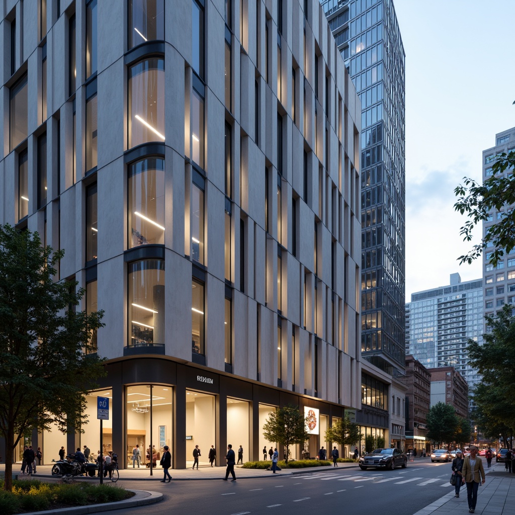 Prompt: Elegant building facade, subtle curves, vertical lines, sleek metallic panels, large glass windows, minimalist ornamentation, neutral color palette, matte finishes, subtle textures, ambient lighting, soft shadows, 1/1 composition, realistic reflections, atmospheric perspective, urban cityscape, bustling streets, modern skyscrapers, busy pedestrians.