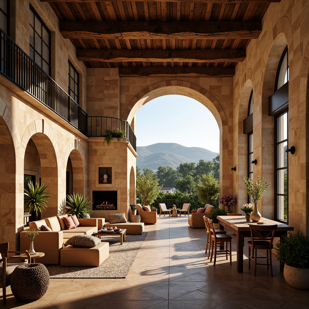 Prompt: Earth-toned hotel facade, Romanesque arches, rustic stone walls, wooden beam ceilings, natural fiber textiles, earthy color palette, warm ambient lighting, cozy fireplaces, reclaimed wood furniture, plush velvet upholstery, ornate metalwork details, grand staircases, high ceilings, large windows, scenic views, rolling hills, lush greenery, blooming flowers, sunny day, soft warm lighting, shallow depth of field, 3/4 composition, panoramic view, realistic textures, ambient occlusion.