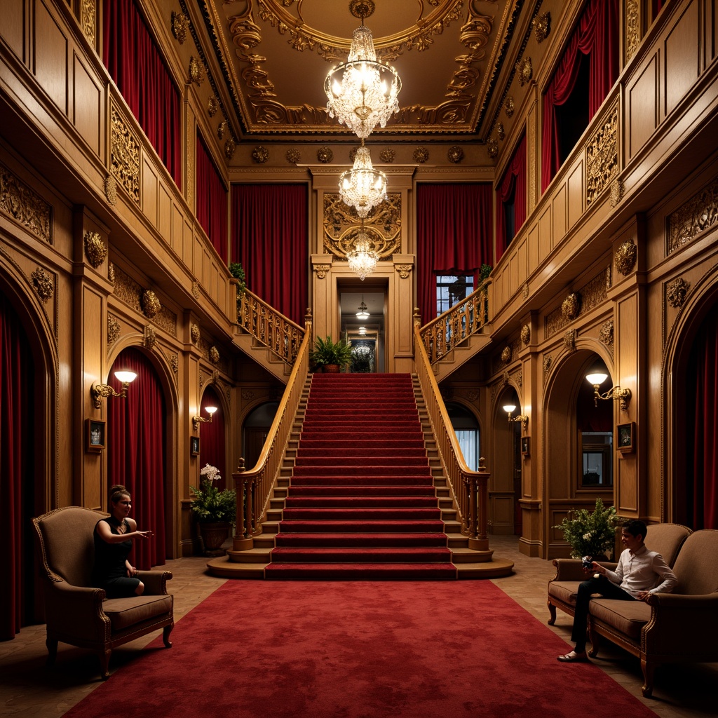 Prompt: Ornate cinema, lavish red carpet, golden accents, grand staircase, velvet curtains, ornamental chandeliers, intricate moldings, rich wood paneling, luxurious fabrics, plush seating, decorative archways, grandiose columns, warm soft lighting, high ceilings, Baroque-inspired patterns, elegant furnishings, refined textures, subtle color palette, 1/1 composition, cinematic atmosphere.