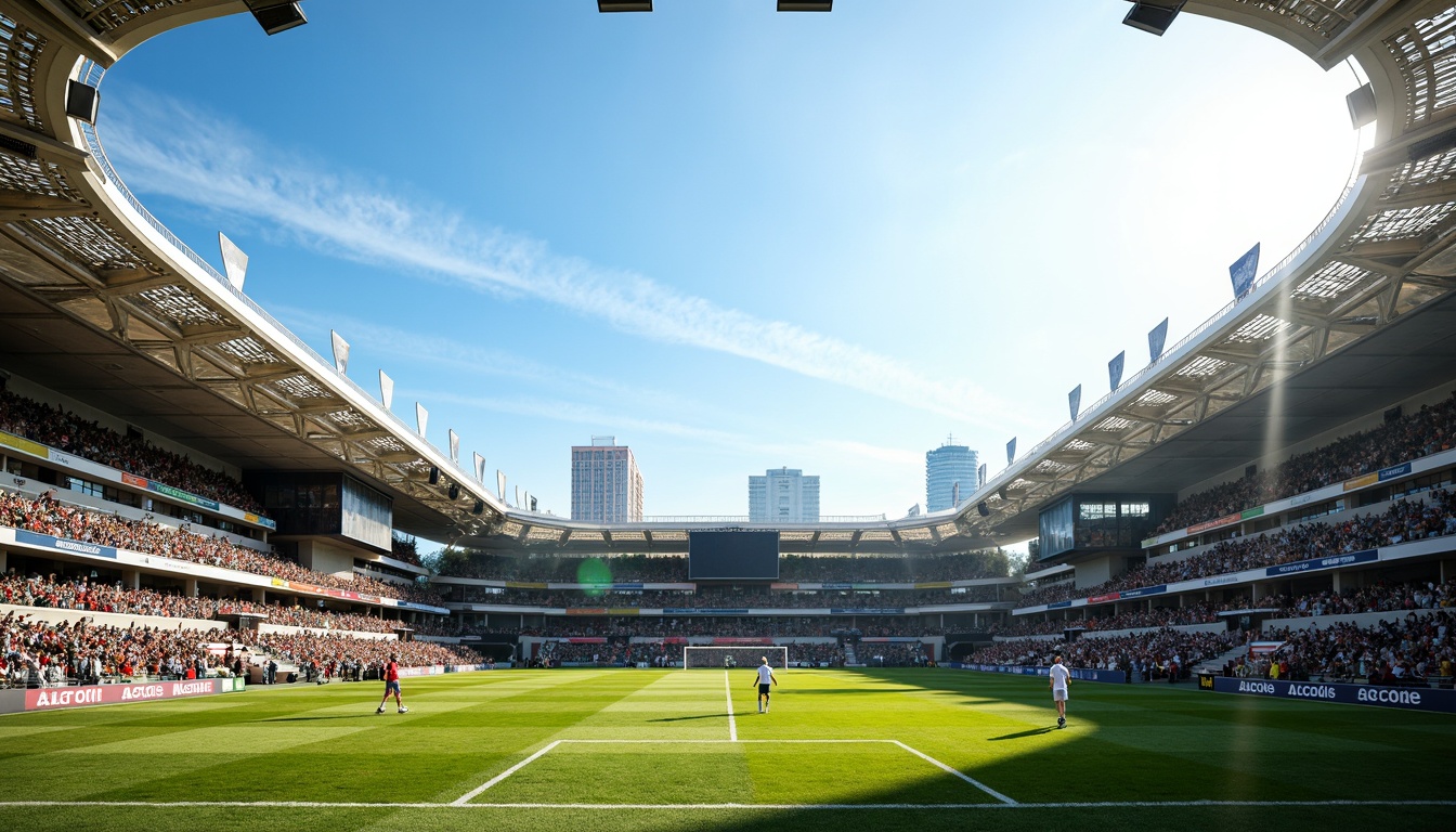 Prompt: Futuristic soccer stadium, sleek curved rooflines, translucent polycarbonate panels, LED lighting systems, dynamic crowd atmosphere, vibrant green turf, white goalposts, urban cityscape backdrop, clear blue sky, sunny day, soft warm lighting, shallow depth of field, 3/4 composition, panoramic view, realistic textures, ambient occlusion, cantilevered roof structures, steel beams, tensile fabric membranes, natural ventilation systems, rainwater harvesting systems, green roofs, eco-friendly materials.