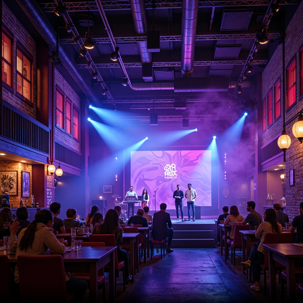 Prompt: Vibrant music venue, dynamic stage lighting, bold color scheme, electric blue accents, neon pink highlights, deep purple tones, metallic silver details, polished chrome fixtures, rich wood textures, luxurious velvet fabrics, eclectic artwork, graffiti-inspired murals, urban loft atmosphere, exposed brick walls, concrete floors, industrial chic decor, dramatic spotlights, warm ambient glow, high-energy performances, lively crowd scenes, fast-paced camera movements, shallow depth of field, 2/3 composition, cinematic color grading.