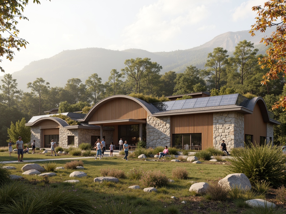 Prompt: Rustic visitor center, natural stone exterior, wooden accents, living roofs, green walls, solar panels, wind turbines, rainwater harvesting systems, recycled materials, low-carbon footprint, earthy color palette, organic forms, curved lines, blending with surroundings, scenic views, misty mornings, soft warm lighting, shallow depth of field, 1/1 composition, realistic textures, ambient occlusion.