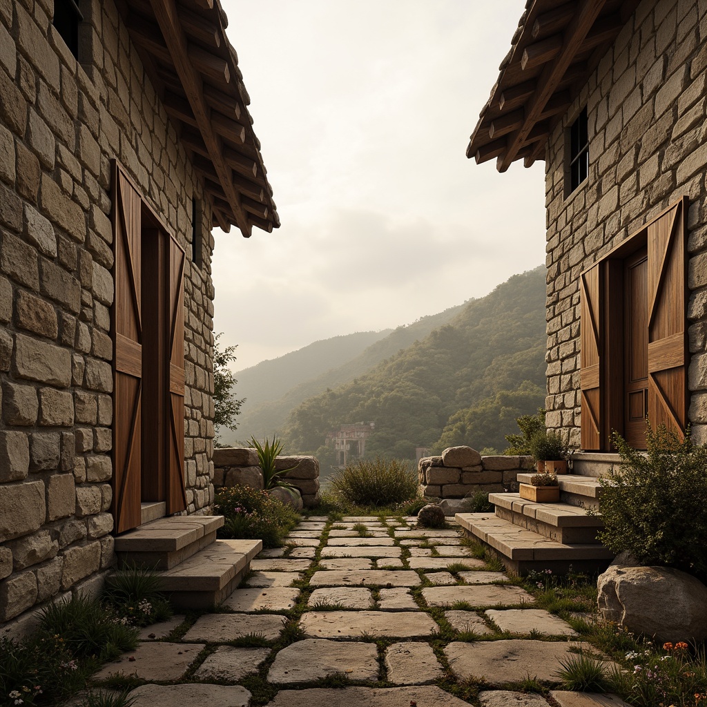 Prompt: Traditional earthy tones, locally-sourced natural stone, rustic wooden accents, organic curvilinear forms, vernacular architectural style, rural landscape, rolling hills, misty morning atmosphere, soft warm lighting, shallow depth of field, 1/2 composition, symmetrical balance, authentic textures, subtle color palette.