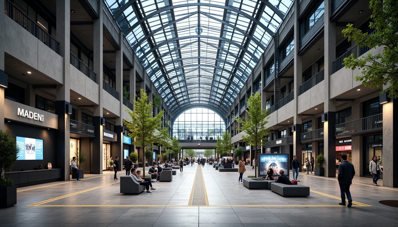 Prompt: Grand train station entrance, modern steel framework, glass roof, spacious atrium, natural light pouring in, sleek metal columns, elegant signage, comfortable seating areas, polished marble floors, dynamic LED lighting, futuristic ticketing systems, convenient retail spaces, vibrant urban atmosphere, bustling city sounds, shallow depth of field, 1/2 composition, realistic reflections, ambient occlusion.