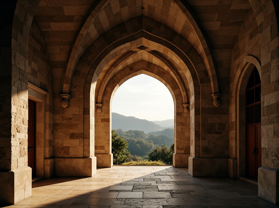 Prompt: Romanesque archway, rustic stone walls, vaulted ceilings, grand entranceways, ornate carvings, Gothic influences, spiritual ambiance, natural light filtering, dramatic shadows, atmospheric mist, medieval-inspired landscapes, rolling hills, serene countryside, warm golden lighting, high contrast ratio, 1/2 composition, symmetrical framing, textured stone details, ambient Occlusion.