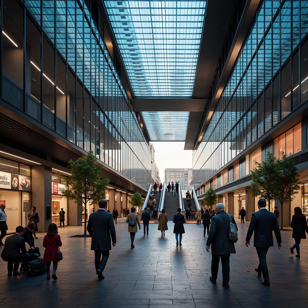 Prompt: Modern metro station, sleek glass facades, metallic accents, vibrant LED lighting, futuristic architecture, high ceilings, grand staircases, polished marble floors, stainless steel railings, urban cityscape, busy pedestrian traffic, morning rush hour, soft warm glow, shallow depth of field, 1/1 composition, realistic reflections, ambient occlusion.