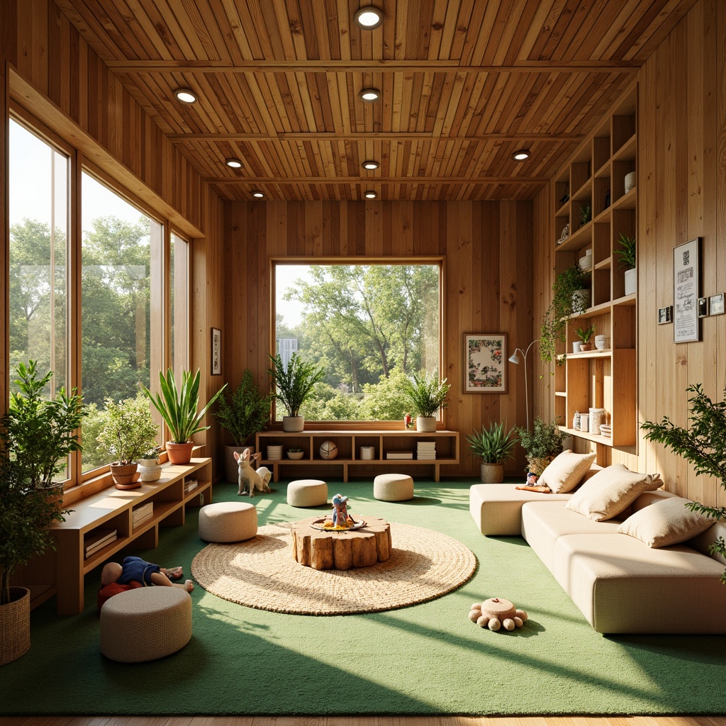 Prompt: Cozy kindergarten, natural wood accents, woven bamboo walls, earthy tone flooring, soft green carpets, organic shapes, curved lines, whimsical furniture, recycled material decorations, living green walls, potted plants, warm sunny lighting, shallow depth of field, 1/1 composition, playful textures, ambient occlusion.