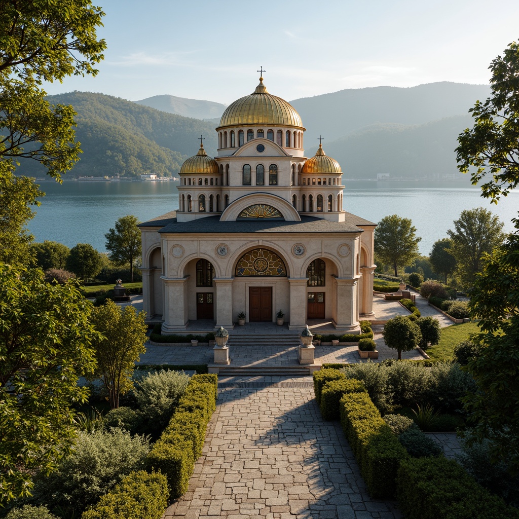 Prompt: Majestic Byzantine church, ornate stone carvings, golden domes, intricate mosaics, lush greenery, rolling hills, serene lakeside, warm sunlight, soft misty atmosphere, shallow depth of field, 1/2 composition, symmetrical framing, vivid textures, ambient occlusion, natural rock formations, rustic pathways, scenic overlooks, tranquil ambiance, early morning light, gentle breeze.Please let me know if this meets your requirements!