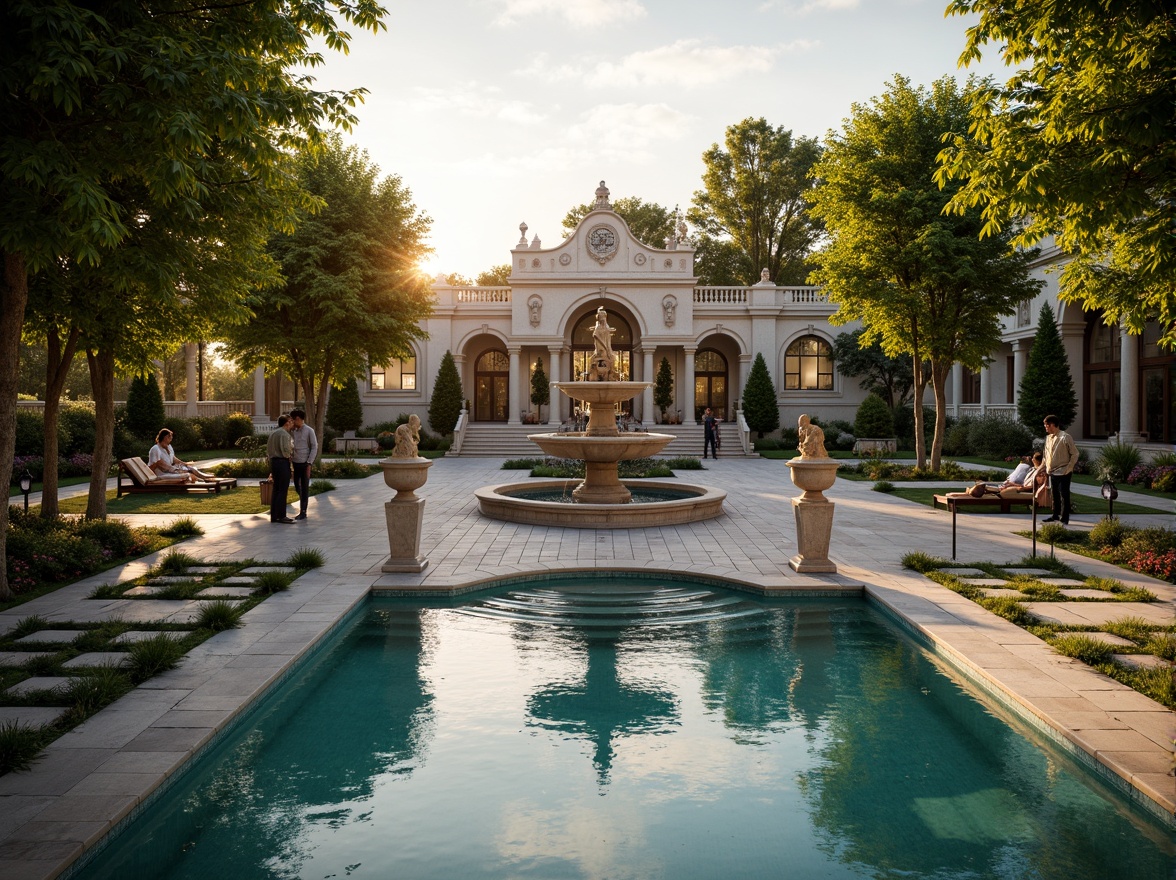 Prompt: Ornate baroque pool, grand fountain, majestic statues, lush greenery, vibrant flowers, natural stone pathways, intricate tile work, ornamental urns, decorative lampposts, luxurious outdoor furniture, velvet soft lighting, warm golden sunsets, shallow depth of field, 3/4 composition, panoramic view, realistic water effects, ambient occlusion.