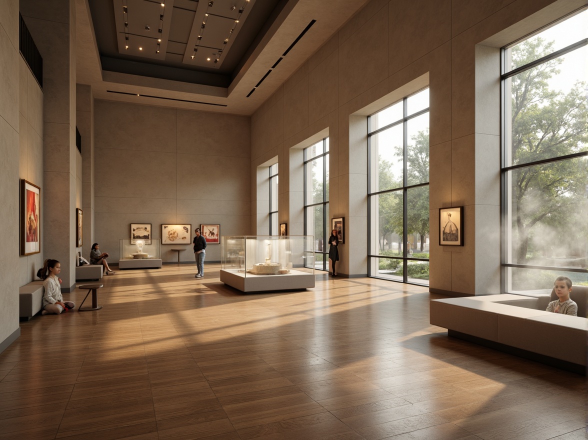 Prompt: Elegant museum interior, high ceilings, large windows, soft natural light, subtle shadows, warm beige tones, polished wooden floors, minimalist exhibit displays, sleek glass cases, dramatic spotlights, diffused overhead lighting, gentle color temperatures, atmospheric misting systems, comfortable seating areas, educational interactive displays, futuristic LED installations, subtle ambient sounds, calm and serene ambiance.