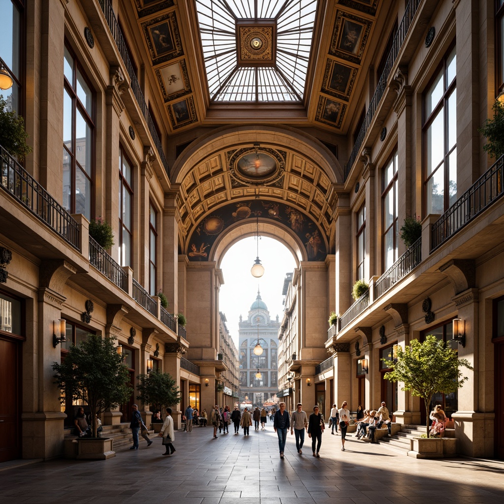 Prompt: Grand Renaissance-style train station, ornate stone fa\u00e7ade, arched windows, decorative cornices, intricately carved wooden doors, bronze statues, stained glass ceilings, marble floors, ironwork balconies, majestic chandeliers, warm golden lighting, shallow depth of field, 3/4 composition, symmetrical architecture, grand staircase, frescoed walls, ornate clock tower, busy city streets, sunny day, soft warm atmosphere.