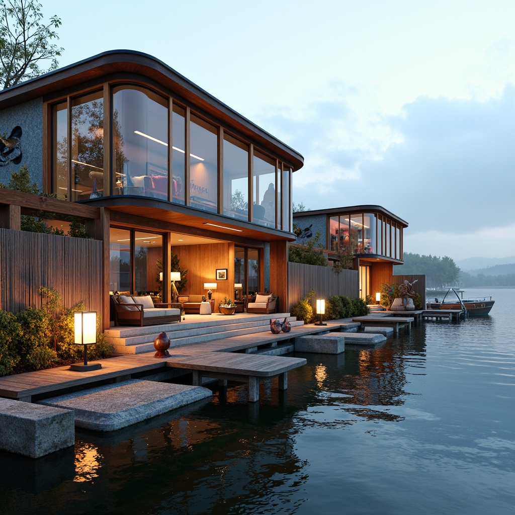 Prompt: Waterfront boathouse, postmodernist architecture, playful nautical theme, curved lines, irregular shapes, vibrant colors, bold geometric patterns, oversized windows, sliding glass doors, rustic wooden accents, corrugated metal cladding, weathered steel panels, distressed wood textures, eclectic decorative elements, abstract sculptures, whimsical lighting fixtures, lantern-inspired lamps, rippling water reflections, misty morning atmosphere, shallow depth of field, 1/2 composition, soft warm lighting, realistic render.