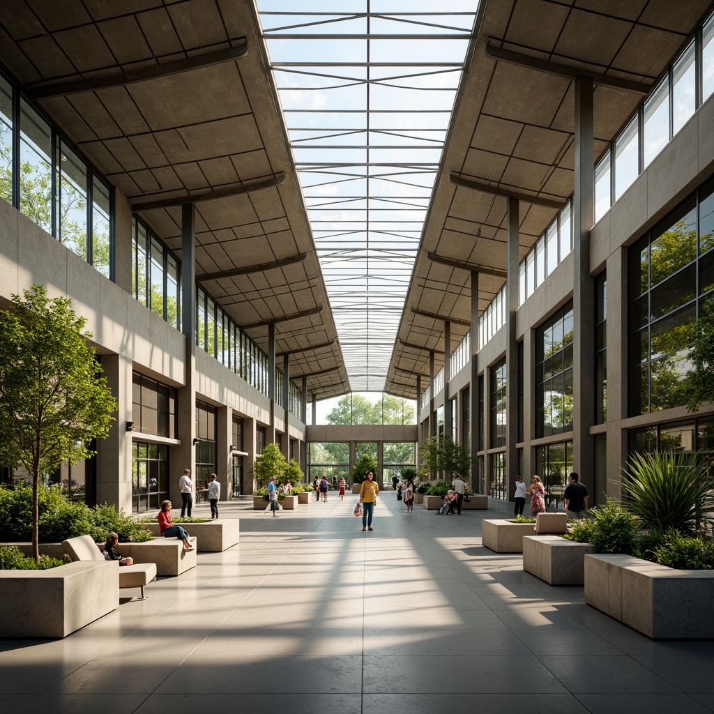 Prompt: Spacious bus station interior, high ceilings, clerestory windows, skylights, translucent roofing, natural stone flooring, steel beams, minimalist architecture, open waiting areas, comfortable seating, green walls, living plants, abundant daylight, soft warm lighting, shallow depth of field, 3/4 composition, panoramic view, realistic textures, ambient occlusion.