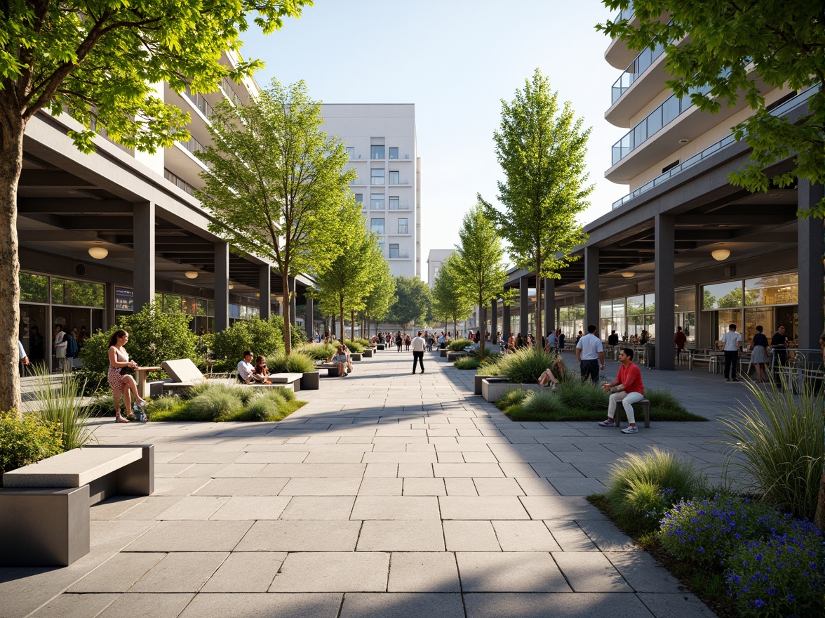 Prompt: Vibrant train station plaza, lush greenery, flowering trees, natural stone paving, modern street furniture, sleek metal benches, stainless steel railings, urban landscape design, busy commuter atmosphere, morning rush hour, warm sunlight, shallow depth of field, 1/1 composition, panoramic view, realistic textures, ambient occlusion.