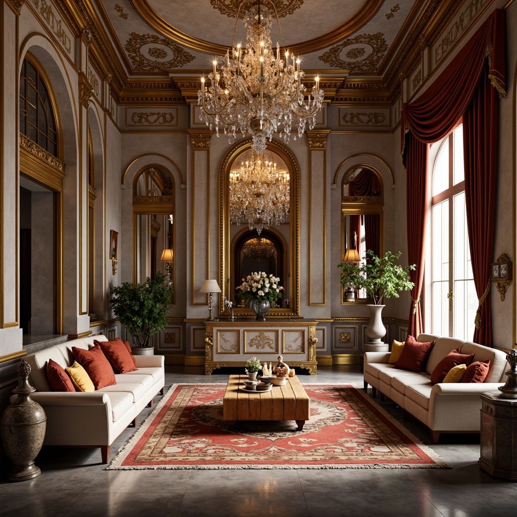 Prompt: Ornate palace, grandiose chandeliers, lavish furnishings, intricately carved wooden panels, gilded frames, velvet drapes, richly patterned rugs, ornamental mirrors, crystal decorations, luxurious marble floors, detailed stucco ceilings, golden accents, soft warm lighting, shallow depth of field, 1/1 composition, realistic textures, ambient occlusion, rough stone walls, smooth silk fabrics, glossy polished wood, matte ceramic vases.