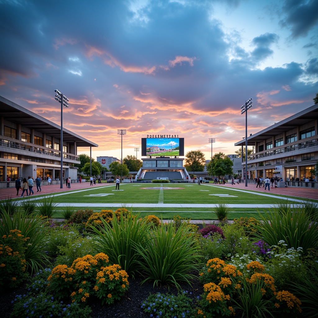 Prompt: Lush green grass, vibrant flowers, modern stadium architecture, grand entrance gates, ticket booths, concession stands, spectator seating areas, football field markings, goalposts, athletic tracks, sports lighting systems, giant video scoreboards, loudspeaker arrays, stadium roofs, open-air concourses, pedestrian walkways, ornamental planters, urban landscape views, cloudy blue skies, dramatic sunsets, warm evening ambiance, shallow depth of field, 3/4 composition, panoramic view, realistic textures, ambient occlusion.