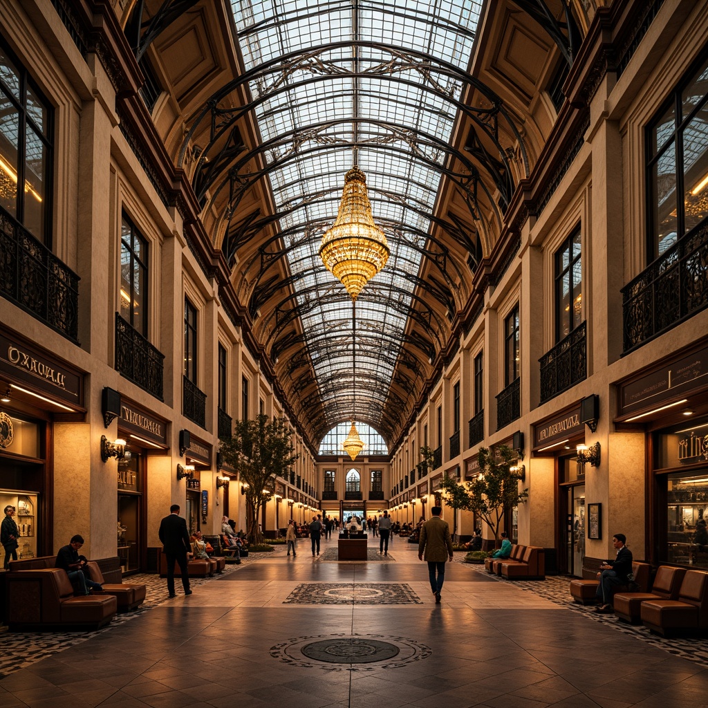 Prompt: Grandiose train station, ornate ironwork, flowing organic lines, stained glass ceilings, intricate mosaics, lavish chandeliers, curved wooden benches, vintage luggage racks, decorative tile flooring, richly patterned textiles, warm golden lighting, shallow depth of field, 2/3 composition, symmetrical architecture, elegant waiting areas, refined passenger lounges, ornamental clocks, sophisticated ticket counters, luxurious VIP rooms, intricate plasterwork, ornate metal lanterns, soft warm color palette.