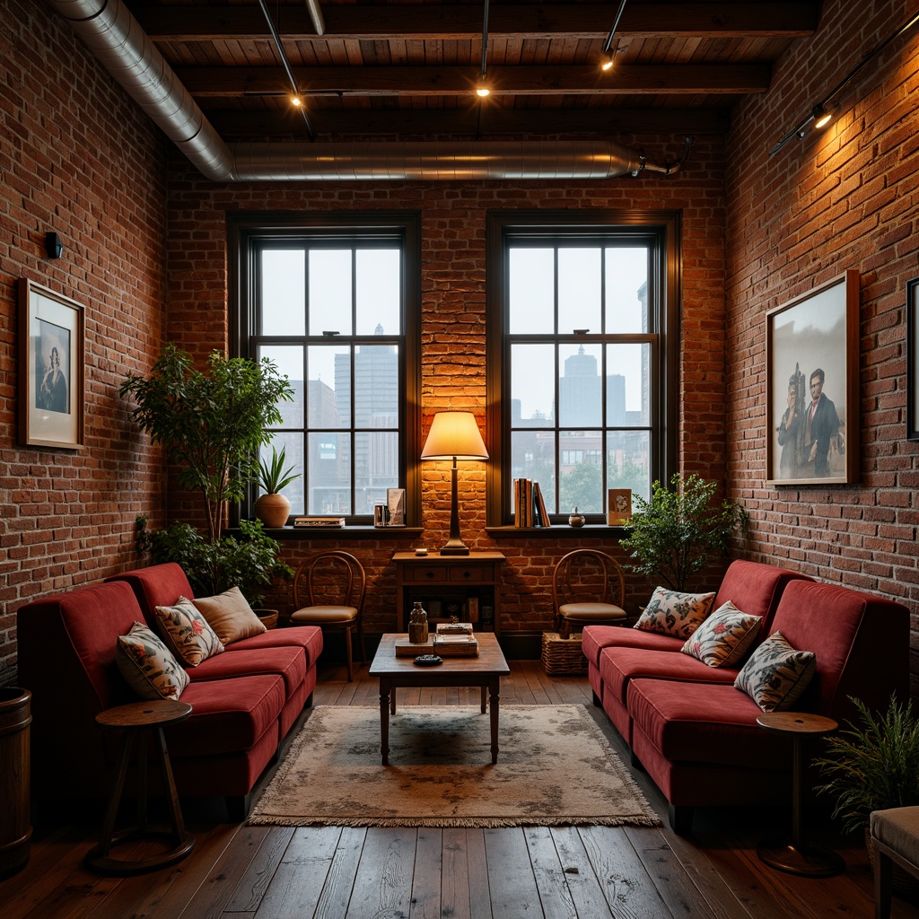 Prompt: Exposed brick walls, wooden beam ceilings, industrial metal pipes, distressed wood floors, soft warm lighting, cozy reading nooks, plush velvet sofas, vintage decorative items, eclectic art collections, rustic wooden tables, romantic candlelit ambiance, atmospheric misty windows, urban cityscape views, 1/1 composition, shallow depth of field, natural textures, ambient occlusion.