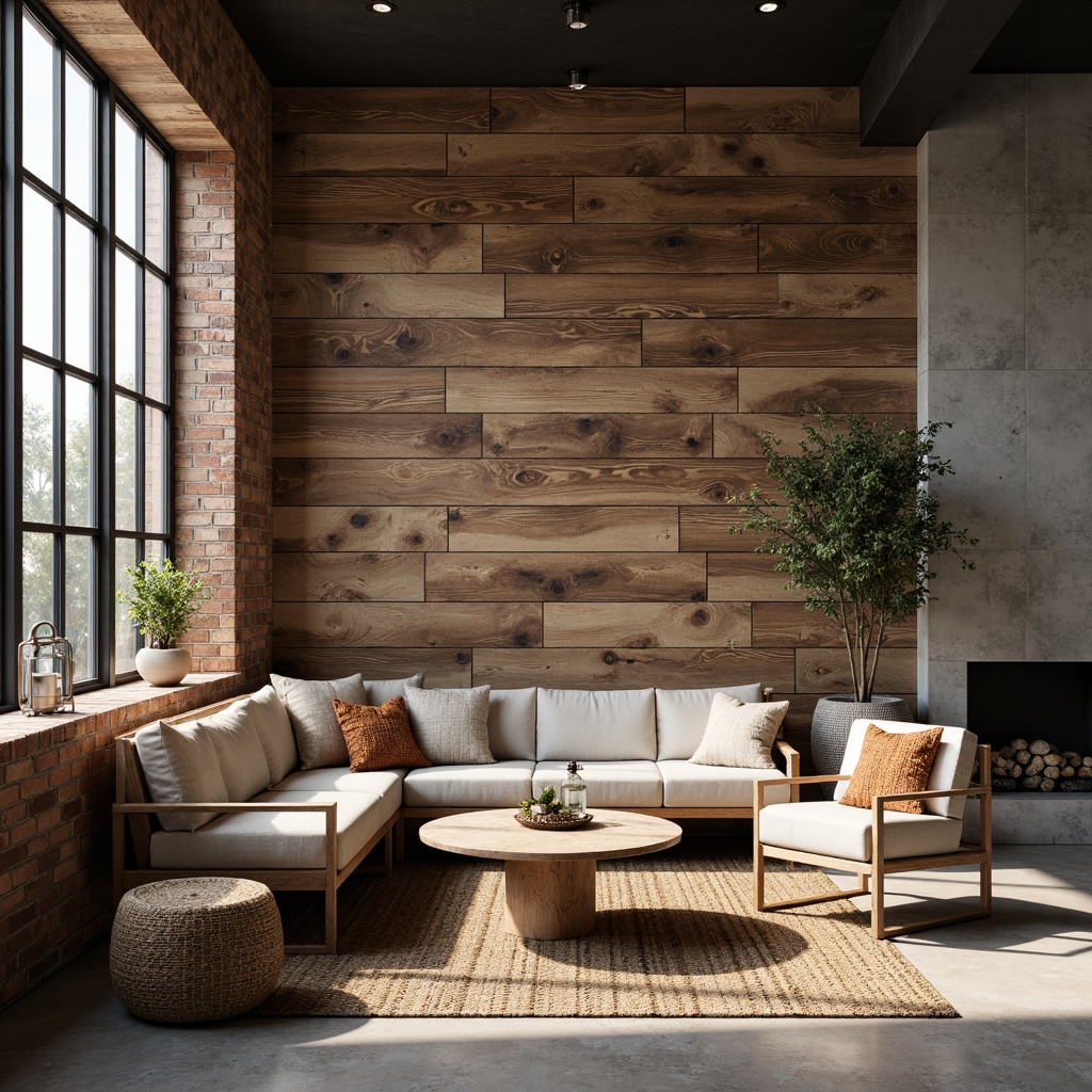 Prompt: Weathered wood accents, exposed brick walls, industrial metal frames, polished concrete floors, minimalist decor, modern functional furniture, earthy color palette, natural textiles, woven fibers, organic shapes, geometric patterns, subtle lighting, soft warm ambiance, inviting atmosphere, 1/1 composition, shallow depth of field, realistic renderings.