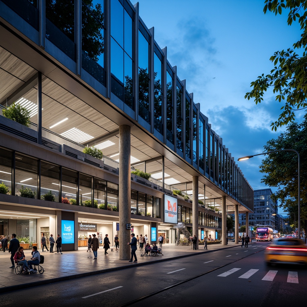 Prompt: Modern bus station facade, international style architecture, sleek glass surfaces, minimalist steel frames, cantilevered roofs, dynamic curves, urban landscape, bustling city streets, vibrant neon lights, busy pedestrian traffic, efficient transportation hub, futuristic design elements, geometric patterns, LED lighting systems, green roofs, sustainable materials, angular lines, brutalist concrete structures, abstract sculptures, urban art installations, shallow depth of field, 1/1 composition, high-contrast lighting, realistic textures.