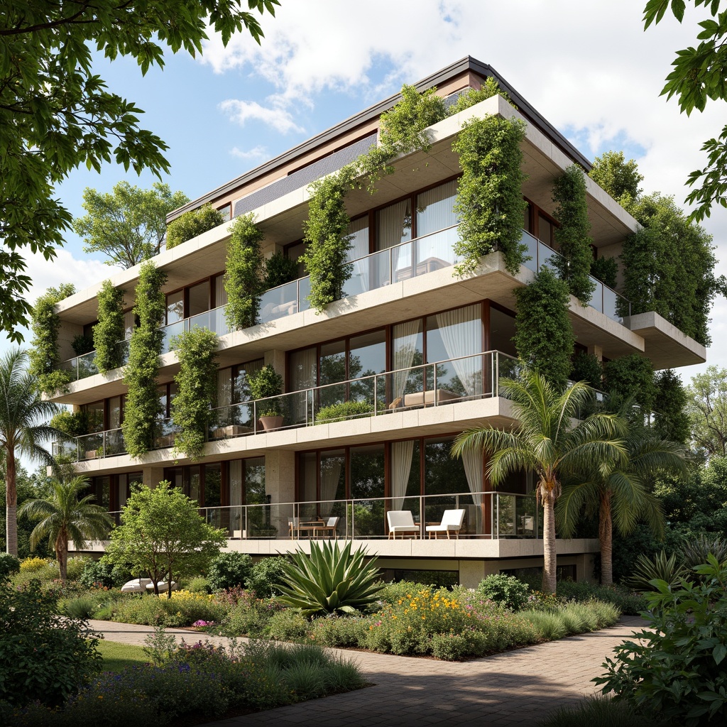 Prompt: \Sustainable building, lush green roof, living walls, verdant balconies, natural stone fa\u00e7ade, large windows, solar panels, wind turbines, rainwater harvesting systems, eco-friendly materials, organic gardens, native plant species, butterfly-friendly flowers, serene outdoor spaces, shaded courtyards, misting systems, warm natural lighting, 1/1 composition, shallow depth of field, realistic textures, ambient occlusion.\