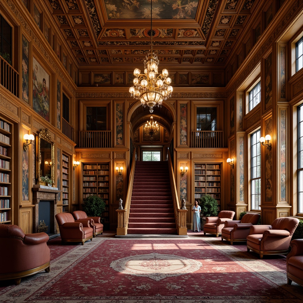 Prompt: Richly ornate libraries, grandiose chandeliers, intricately carved wooden panels, luxurious velvet drapes, opulent golden accents, warm honey-toned woodwork, lavish murals, richly patterned rugs, ornate marble columns, grand staircases, dramatic archways, soft warm lighting, subtle shadows, 1/2 composition, realistic textures, ambient occlusion.