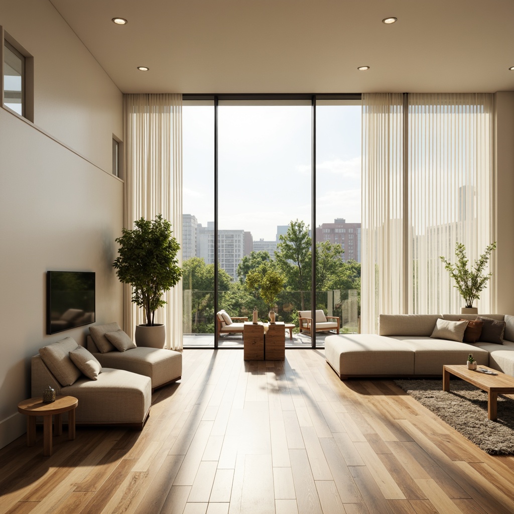 Prompt: Spacious living room, floor-to-ceiling windows, minimal window frames, sheer white curtains, polished wooden floors, light-reflecting surfaces, cream-colored walls, modern minimalist decor, sleek low-profile furniture, greenery views, urban landscape, sunny afternoon, soft warm lighting, shallow depth of field, 3/4 composition, realistic textures, ambient occlusion.