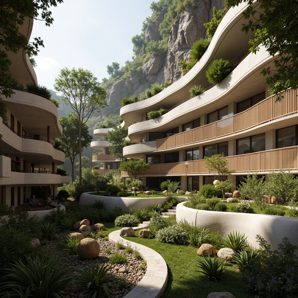 Prompt: Curved lines, natural stone walls, earthy tones, lush green roofs, undulating architecture, free-form structures, biomimicry-inspired design, fluid shapes, organic patterns, wooden accents, natural light filtering, warm atmospheric ambiance, shallow depth of field, 1/1 composition, panoramic view, realistic textures, ambient occlusion.