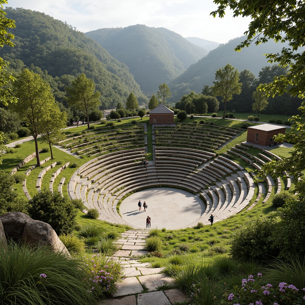 Prompt: Sweeping amphitheater curves, lush green hillsides, natural stone seating, meandering pathways, vibrant flowerbeds, tranquil water features, rustic wooden accents, earthy color palette, soft warm lighting, shallow depth of field, 3/4 composition, panoramic view, realistic textures, ambient occlusion, gentle slope gradations, integrated landscape design, harmonious architecture fusion.