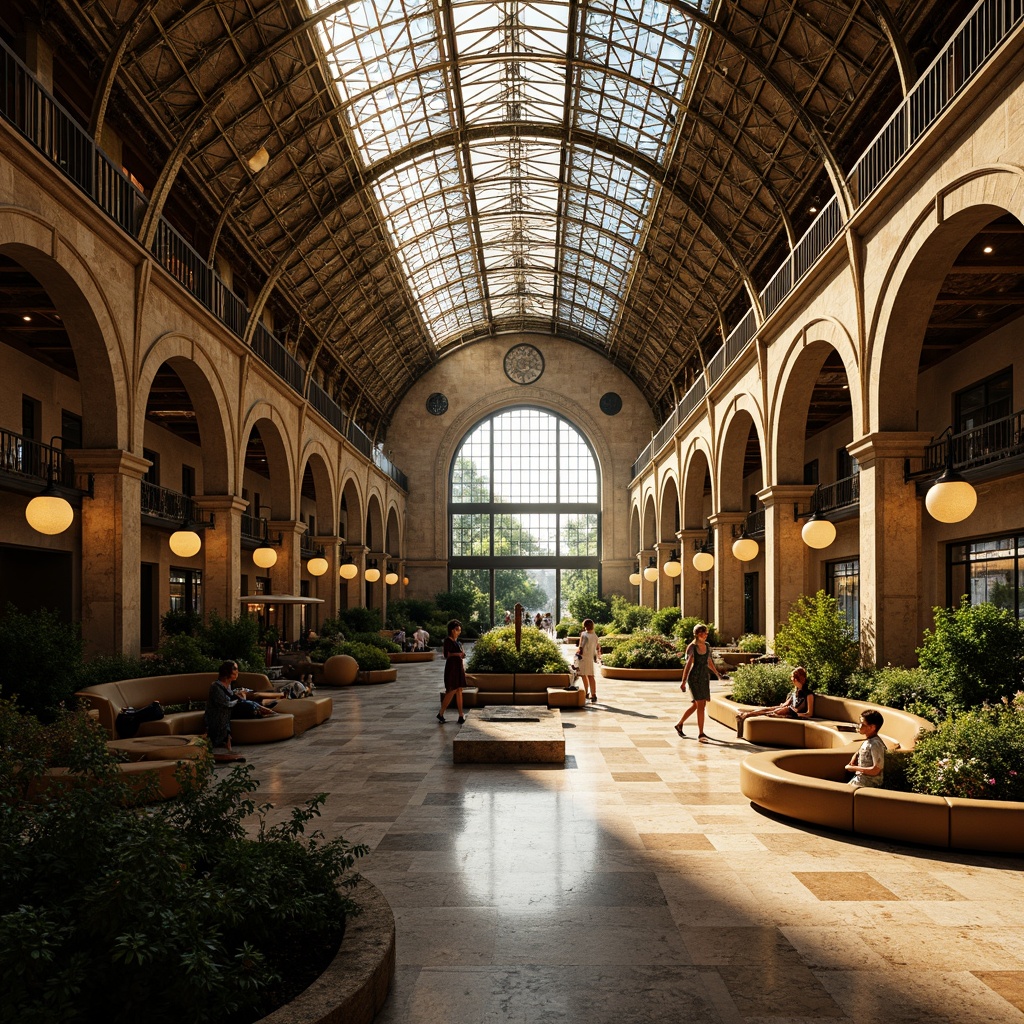 Prompt: Grandiose train station, ornate ironwork, flowing curves, organic forms, stained glass ceilings, intricate mosaics, elegant chandeliers, lavish furnishings, polished marble floors, decorative railings, sinuous lines, fluid shapes, naturalistic motifs, lush greenery, warm golden lighting, soft focus, shallow depth of field, 1/1 composition, symmetrical view, realistic textures, ambient occlusion.