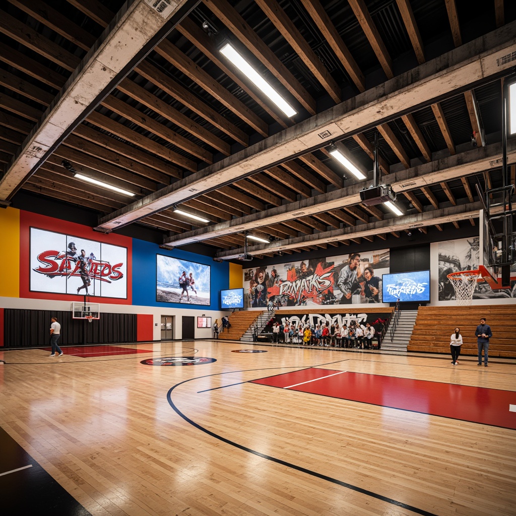 Prompt: Vibrant gymnasium interior, eclectic mix of sports equipment, bold color blocking, bright accent walls, dynamic LED lighting, polished wooden floors, sleek metallic beams, distressed concrete textures, abstract graffiti murals, oversized athletic graphics, neon-lit scoreboards, industrial-style ductwork, reclaimed wood accents, modernist architecture, angular lines, contrasting shapes, warm natural light, high-contrast shadows, shallow depth of field, 2/3 composition, dramatic perspective, realistic reflections.