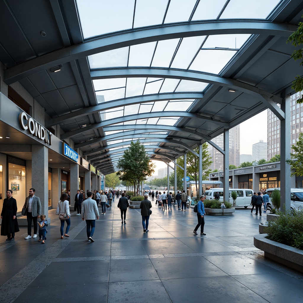 Prompt: Modern bus station, sleek metallic structures, large glass roofs, minimalist design, industrial materials, polished concrete floors, steel columns, aluminum frameworks, cantilevered canopies, dynamic LED lighting, futuristic ambiance, urban cityscape, busy streets, morning commute, soft natural light, shallow depth of field, 1/2 composition, wide-angle lens.