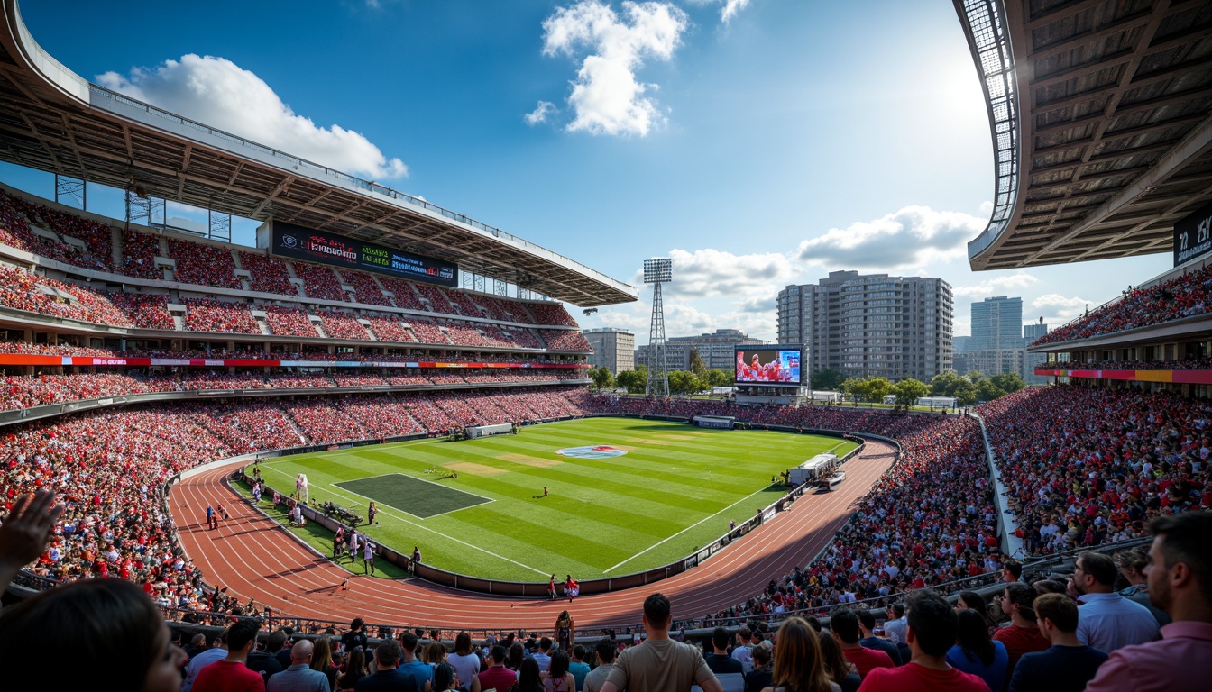 Prompt: Vibrant sports stadium, energetic crowd atmosphere, bold team colors, dynamic LED lighting, sleek modern architecture, polished metal accents, sturdy concrete structures, lush green grass, athletic track lanes, scoreboards, vibrant advertisements, lively urban surroundings, warm sunny day, dramatic cloud formations, high-contrast shadows, cinematic color grading, 1/2 composition, wide-angle lens, shallow depth of field.