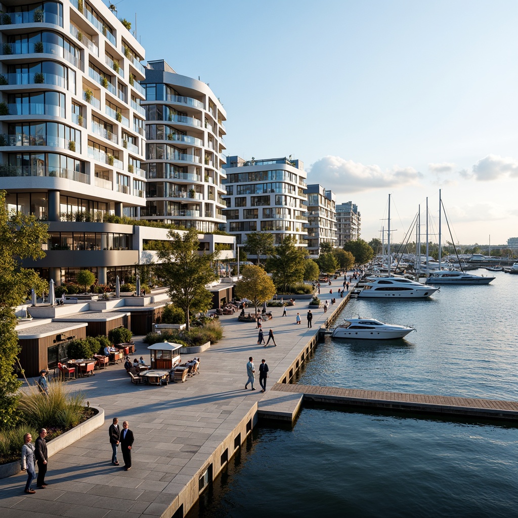 Prompt: Water's edge promenade, sailboat docks, seafood restaurants, oceanview apartments, contemporary glass buildings, wave-inspired architecture, nautical-themed decorations, wooden piers, beachside amenities, recreational facilities, marina services, luxury yachts, sunny day, soft warm lighting, shallow depth of field, 1/1 composition, panoramic view, realistic water textures, ambient occlusion.