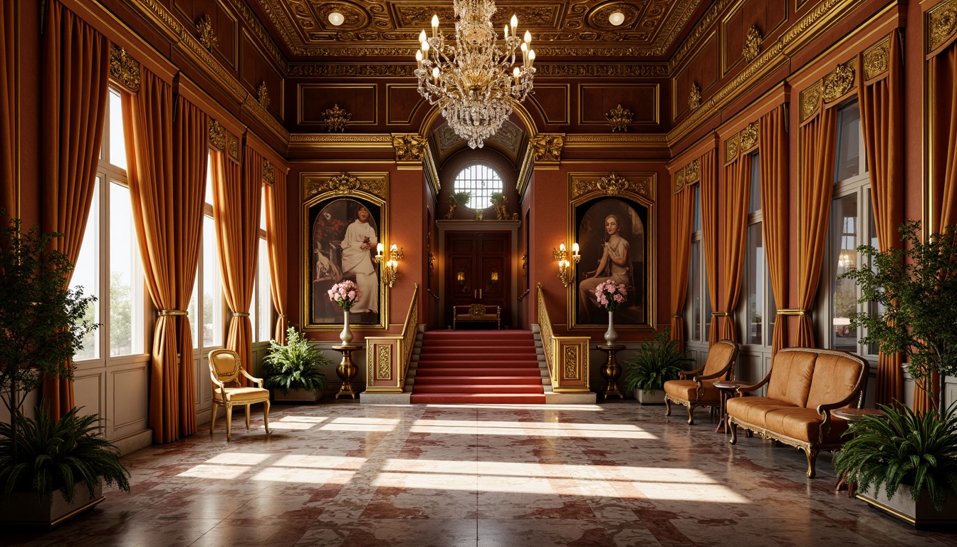 Prompt: Ornate golden frames, intricately carved wooden panels, lavish velvet drapes, gilded ornamental details, richly patterned marble floors, crystal chandeliers, soft warm lighting, shallow depth of field, 3/4 composition, realistic textures, ambient occlusion, grandiose staircases, sweeping archways, opulent furnishings, luxurious fabrics, regal color palette, dramatic shadows, highly decorative elements, intricate moldings, Baroque-inspired architectural details.