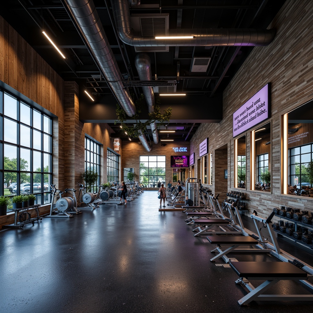 Prompt: Modern fitness club interior, high-gloss epoxy floors, mirrored walls, stainless steel equipment frames, rubber athletic flooring, neon-lit signage, motivational quotes, natural stone accent walls, reclaimed wood features, minimalist lighting fixtures, industrial-style metal beams, exposed ductwork, high-contrast color scheme, energetic ambiance, dynamic architectural shapes, sweeping curves, functional layout, state-of-the-art exercise machines, free weights area, group fitness room, spinning studio, yoga zone, locker rooms, luxurious showers, aromatic essential oils, refreshing natural ventilation, abundant natural light, 1/1 composition, shallow depth of field, realistic textures.