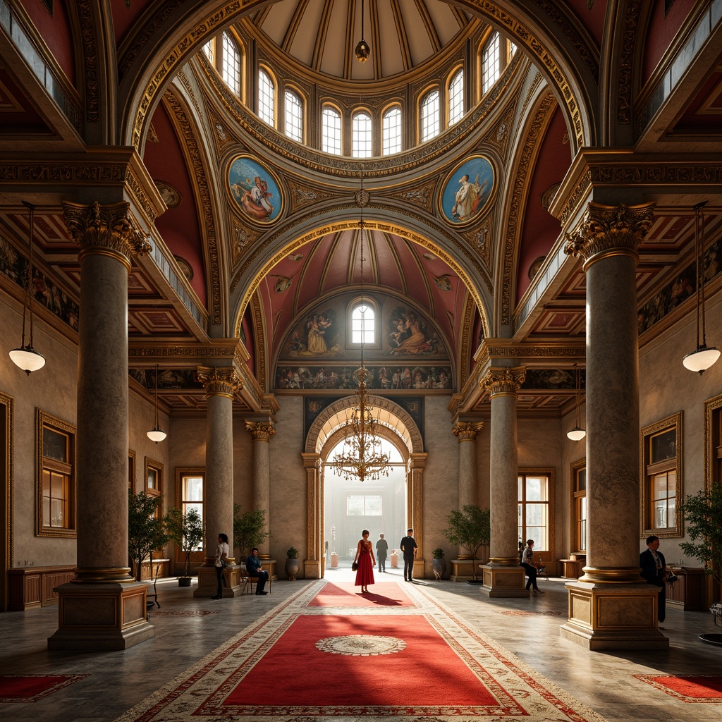 Prompt: Byzantine architecture, ornate decorations, golden domes, marble columns, intricate mosaics, richly patterned textiles, warm earthy tones, rustic stone walls, ornamental arches, grandiose entrances, lavish frescoes, luminous stained glass windows, polished bronze accents, vibrant red and gold hues, dramatic lighting effects, atmospheric fog, 1/1 composition, symmetrical framing, realistic textures, ambient occlusion.