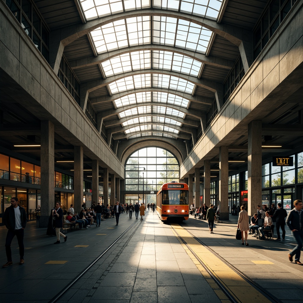 Prompt: Vibrant tram station, high ceilings, open spaces, natural light pouring in, large skylights, clerestory windows, glass roofs, modern architecture, steel beams, concrete columns, urban atmosphere, busy commuters, rush hour scenes, morning sunlight, soft warm glow, shallow depth of field, 1/1 composition, realistic textures, ambient occlusion.