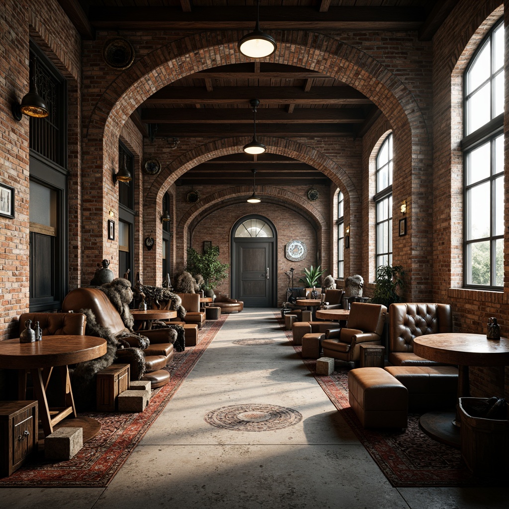 Prompt: Richly detailed industrial setting, exposed brick walls, metallic beams, rough concrete floors, distressed wooden crates, rusty metal pipes, vintage machinery, worn leather upholstery, weathered stone fa\u00e7ades, ornate iron railings, intricate tile mosaics, ambient occlusion, high-contrast lighting, cinematic color grading, shallow depth of field, 2/3 composition, realistic render.