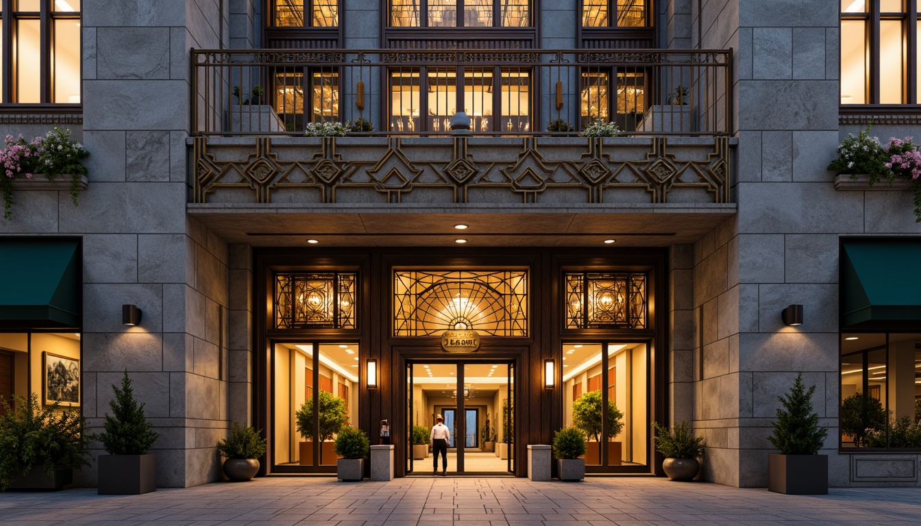 Prompt: Grand courthouse entrance, symmetrical Art Deco facade, ornate metalwork, geometric patterns, zigzag motifs, chevron details, stylized florals, metallic accents, polished granite walls, stepped silhouettes, dramatic archways, grandiose columns, intricate stone carvings, ornamental clock tower, sunburst designs, metallic spandrels, ornate doorways, luxurious bronze hardware, warm golden lighting, low-angle shot, dramatic shadows, 1/1 composition.