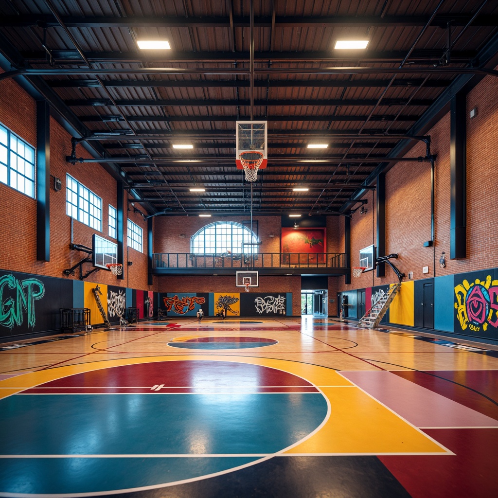 Prompt: Vibrant gymnasium interior, eclectic color palette, bold geometric patterns, dynamic sports equipment, basketball hoops, athletic tracks, modern industrial architecture, exposed brick walls, metallic accents, neon lights, urban graffiti, distressed wood textures, retro-futuristic vibe, contrasting warm and cool tones, high-contrast lighting, 1/2 composition, shallow depth of field, cinematic mood, stylized shadows.