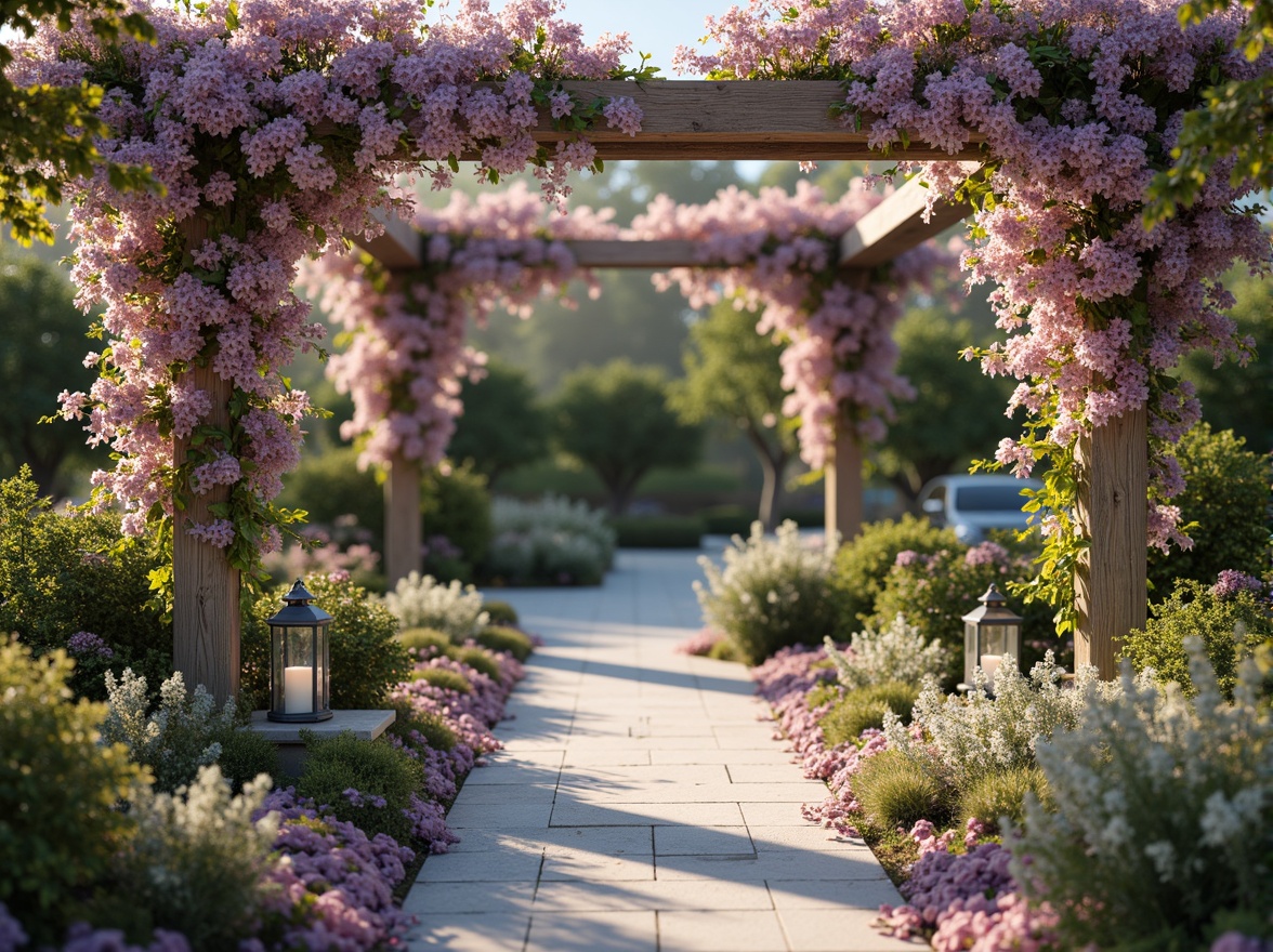 Prompt: Pastel purple flowers, delicate vines, soft pink hues, powdery blue undertones, whimsical garden scenery, romantic trellises, intricately carved wooden benches, lush green foliage, dainty lanterns, warm golden lighting, shallow depth of field, 1/1 composition, intimate close-up shots, realistic textures, ambient occlusion.