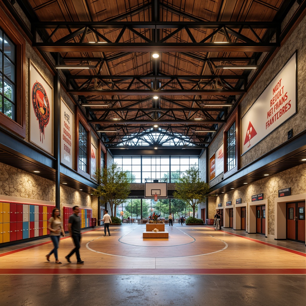 Prompt: Richly ornamented gymnasium, eclectic architecture style, contrasting materials, rustic wood accents, industrial metal beams, sleek glass surfaces, vibrant colorful lockers, modern LED lighting, polished concrete floors, textured stone walls, ornate plaster ceilings, bold athletic graphics, motivational quotes, dynamic spatial layouts, 3/4 composition, shallow depth of field, warm softbox lighting, realistic textures, ambient occlusion.