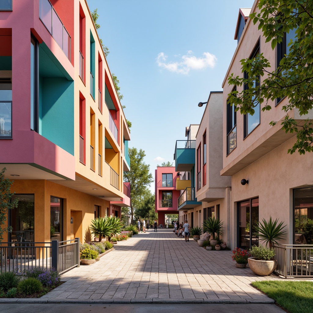 Prompt: Vibrant architectural design, modern color scheme, bold contrasting hues, pastel accents, metallic finishes, glassy reflections, natural stone textures, warm beige tones, cool grey undertones, rich wood grains, soft luminescent lighting, shallow depth of field, 3/4 composition, panoramic view, realistic renderings, ambient occlusion.