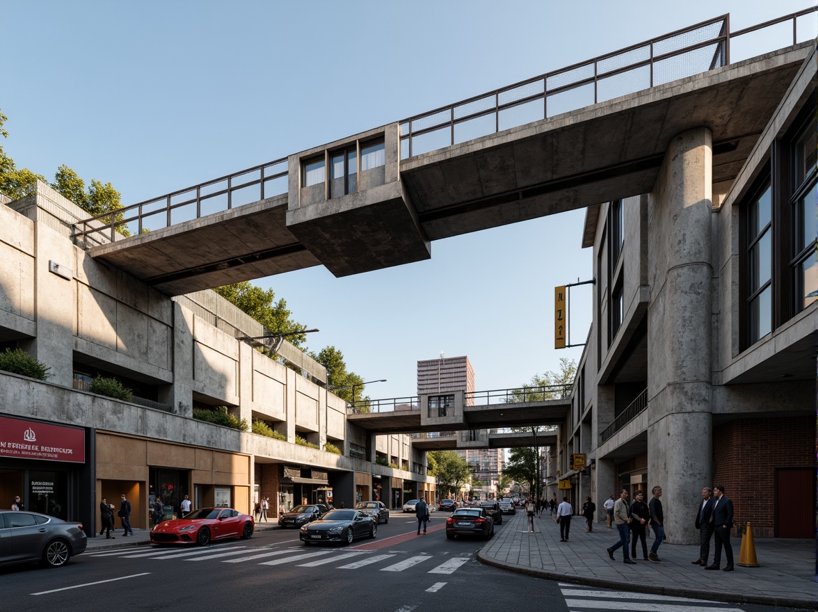 Prompt: Rugged pedestrian bridge, brutalist architecture, exposed concrete, industrial steel beams, geometric shapes, urban landscape, busy city streets, harsh sunlight, dramatic shadows, abstract forms, raw textures, minimalist design, functional simplicity, urban connectivity, elevated walkways, cantilevered sections, asymmetrical composition, contrasting materials, bold structural elements, futuristic ambiance, high-contrast lighting, cinematic atmosphere, 2.35