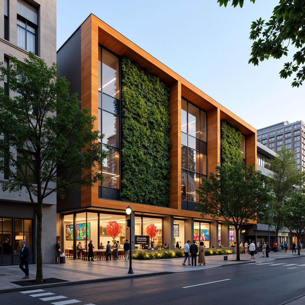 Prompt: Vibrant grocery store facade, modern angular lines, large glass windows, metallic frames, LED signage, colorful branding, natural stone base, vertical green walls, living walls, eco-friendly materials, sustainable energy solutions, solar panels, rainwater harvesting systems, shaded outdoor seating areas, misting systems, urban cityscape, bustling streets, morning sunlight, soft warm lighting, shallow depth of field, 3/4 composition, realistic textures, ambient occlusion.