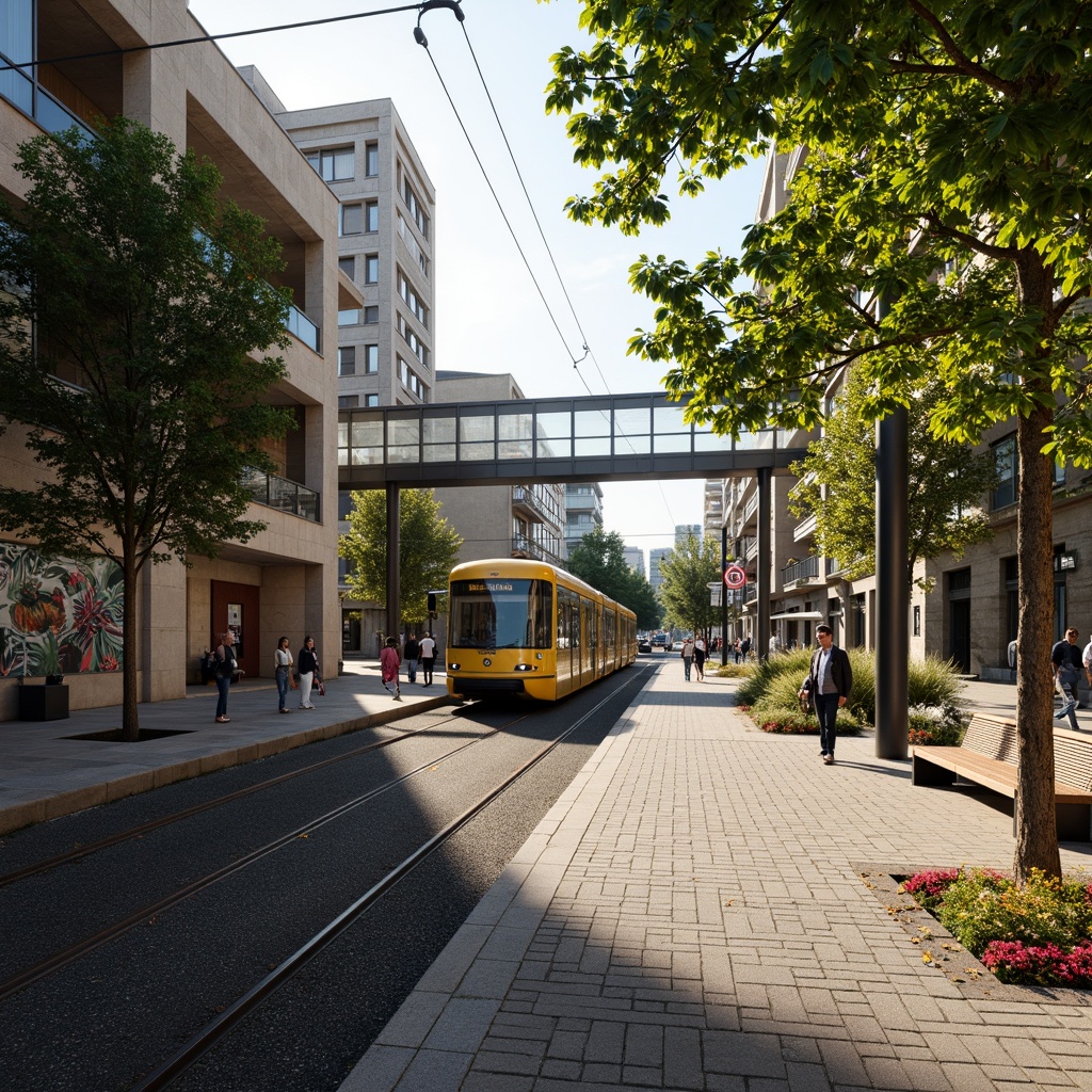 Prompt: Tranquil tram station, lush greenery, natural stone walls, wooden benches, modern architecture, large glass roofs, steel beams, vibrant street art, urban landscape integration, busy city streets, pedestrian pathways, bike lanes, public transportation hubs, elevated tracks, scenic views, soft warm lighting, shallow depth of field, 3/4 composition, panoramic view, realistic textures, ambient occlusion.