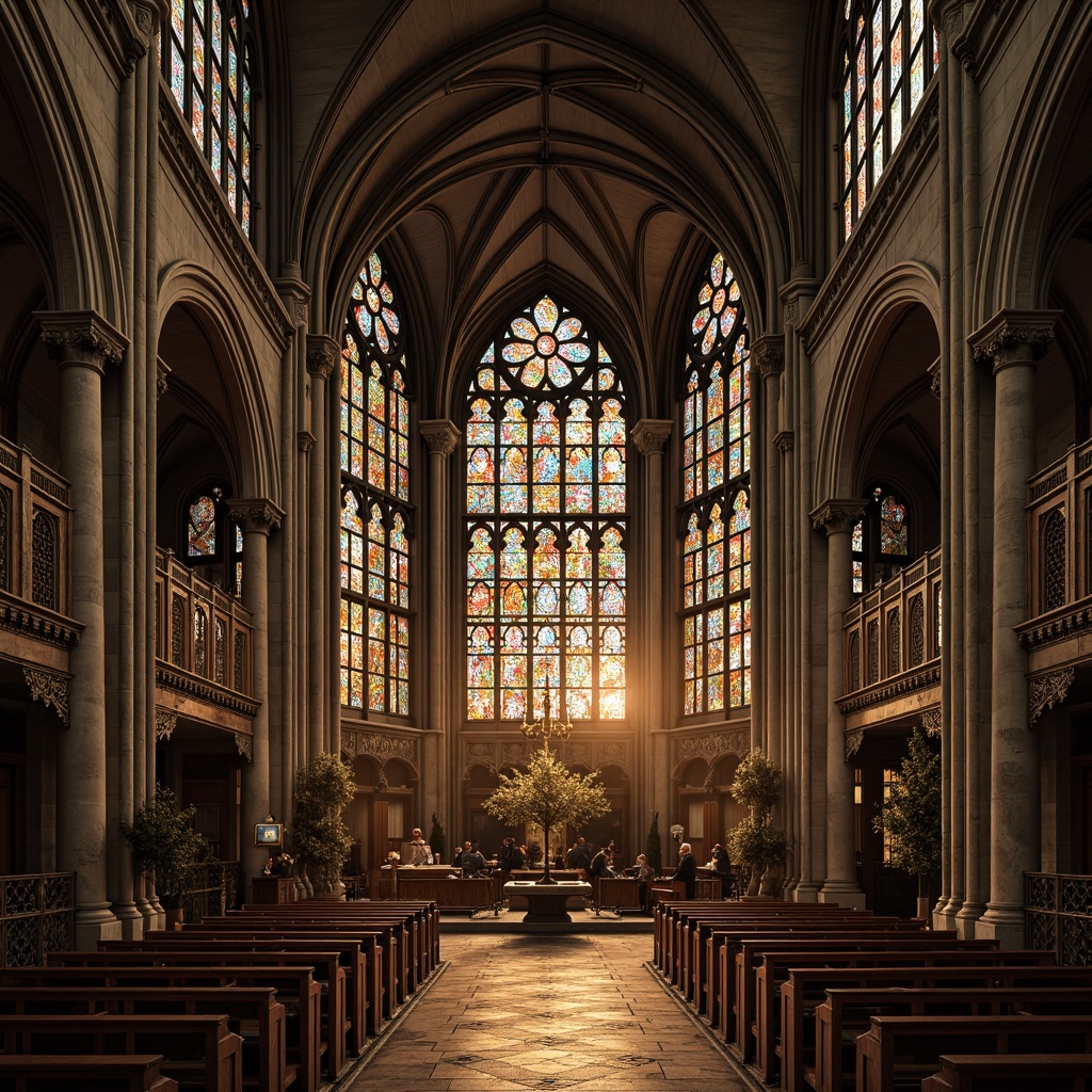 Prompt: Intricate stone carvings, grandiose cathedral, vibrant stained glass windows, rich jewel-toned accents, ornate metalwork, dramatic archways, imposing columns, mystical ambiance, warm golden lighting, subtle fog effects, high contrast ratio, 1/2 composition, symmetrical framing, detailed textures, ambient occlusion.